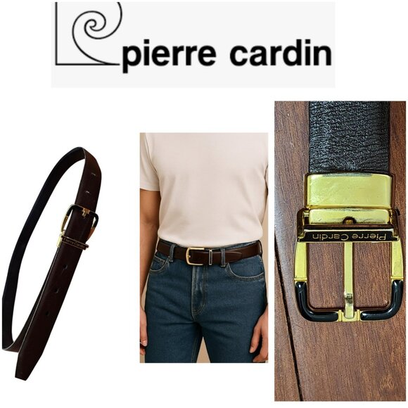 Pierre Cardin Size 36 Leather Belt Reversible Black Brown Gold Buckle - Picture 1 of 8